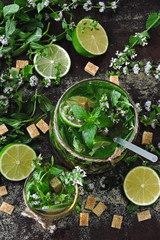 Homemade mojito drink with mint, lime and brown sugar. Healthy summer lemonade. Detox diet. Tonic drinks.