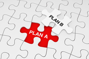 One Piece of White Jigsaw Puzzle over Plain of White Puzzle with Plan A and Plan B Words. 3d Rendering