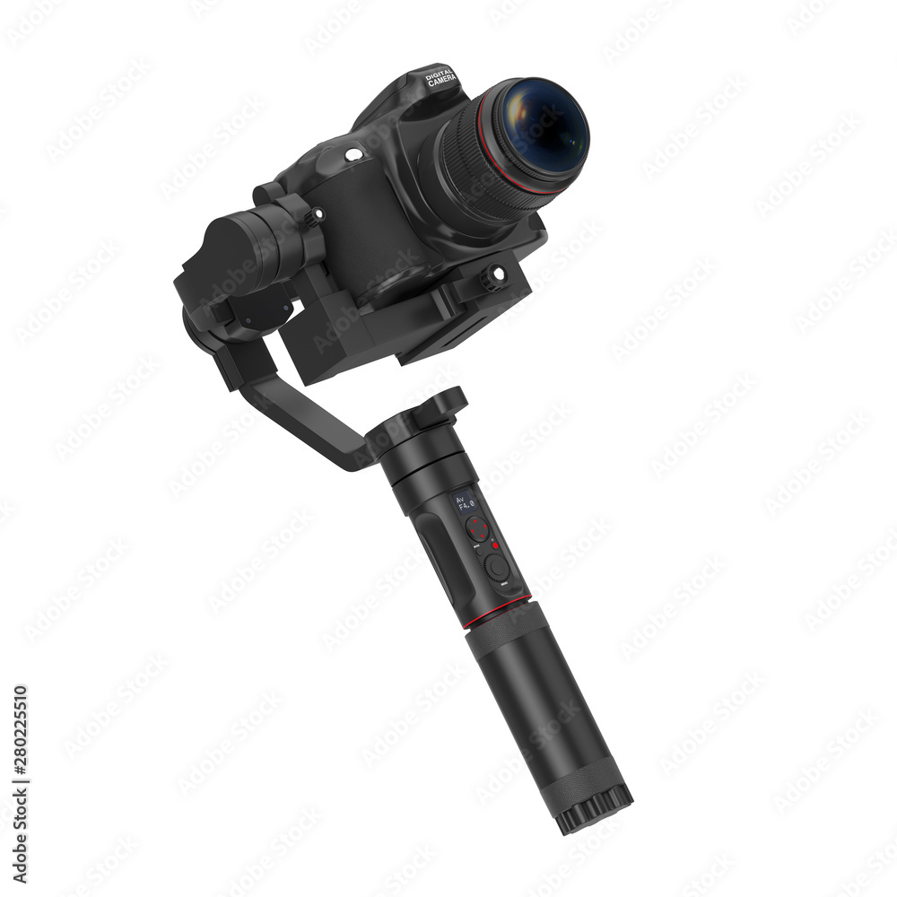 Poster DSLR or Video Camera Gimbal Stabilization Tripod System. 3d Rendering