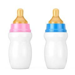 Empty Blank Pink and Blue Baby Milk Bottles with Pacifier Mock Up. 3d Rendering