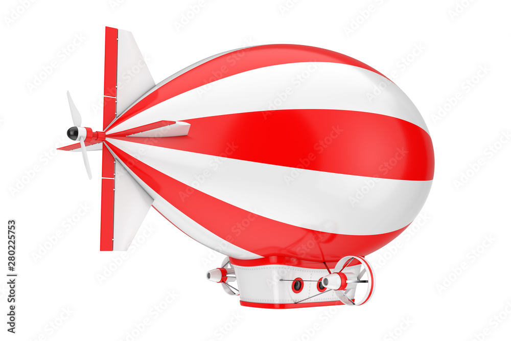 Poster red and white toy cartoon airship dirigible balloon. 3d rendering
