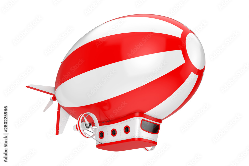 Poster red and white toy cartoon airship dirigible balloon. 3d rendering