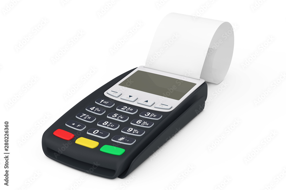 Poster bank terminal cash register pos machine for payment with blank rolled cach tape. 3d rendering
