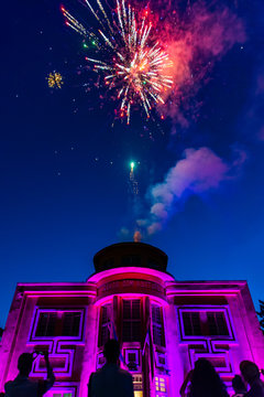 Loznica, Serbia - July 10, 2019: Vuk's House of Culture (serbian: Vukov dom kulture) in the center of Loznica. Fireworks in Loznica.