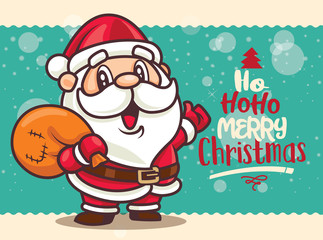 Merry Christmas. Santa Claus with big turquoise signboard. Merry Christmas lettering greeting card  - Vector © charactoon
