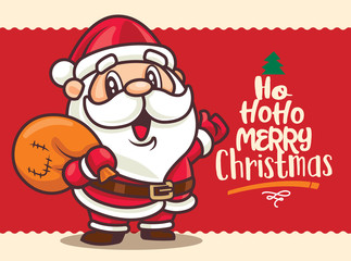 Santa Claus with big signboard. Merry Christmas lettering greeting card  - Vector