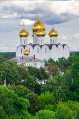 Fototapeta na wymiar Assumption cathedral golden domes, with green trees and grey clouds background, Yaroslavl, Russia