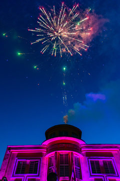 Loznica, Serbia - July 10, 2019: Vuk's House of Culture (serbian: Vukov dom kulture) in the center of Loznica. Fireworks in Loznica.
