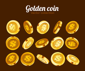 3d gold isolated coins set. Different positions. Flying gold coins, golden rain background. Jackpot or success concept.