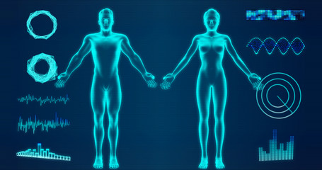 Abstract man and woman hologram on blue background 3d rendering. HUD elements, x-ray body, cyborg, digital data and radar interface set for futuristic Sci-Fi interface