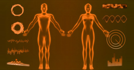 Abstract man and woman hologram on orange background 3d rendering. HUD elements, x-ray body, cyborg, digital data and radar interface set for futuristic Sci-Fi interface