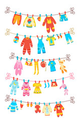 Various items of baby clothes on rope isolated vector illustration on white background. Laundry held by plastic pegs drying.
