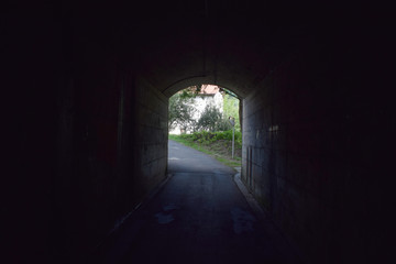 Obraz premium Salida de un túnel oscuro a unos jardines.