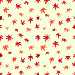 Seamless pattern with red leaves of japanese maple tree on light green background.Traditional Japanese ink wash painting sumi-e.