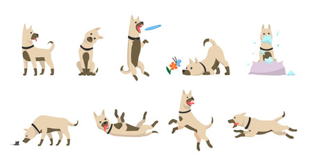 Cartoon dog set. Dogs tricks icons and action training digging dirt eating pet food jumping wiggle sleeping running and barking brown happy cute animal poses vector isolated symbol illustration.
