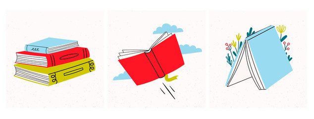 Read more books. Set of various books and stack of books. Hand drawn educational vector illustration. Flat design. Cartoon style