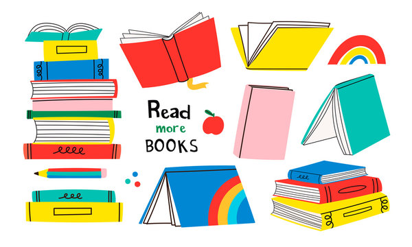 Read more books. Set for book lovers. Various books, stack of books, notebooks. Hand drawn educational vector illustration. Flat design. Cartoon style. Everything is isolated