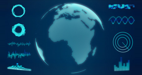 Abstract wireframe Earth globe hologram with Europe and Africa map on blue background 3d rendering. HUD elements, x-ray, digital data and radar interface set for futuristic Sci-Fi interface