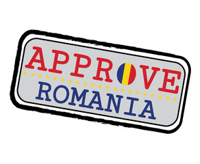 Vector Stamp for Approve logo with Romanian Flag in the shape of O and text Romania.