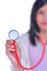 Female doctor with a stethoscope listening, isolated on white background