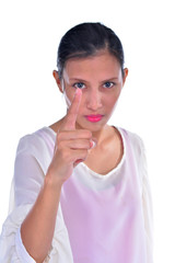 portrait serious, frowning, angry woman pointing finger upwards, scolding someone. human emotion expression and lifestyle concept. image on a white studio background