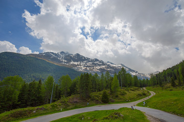 View from the Gavia pass, an alpine pass of the Southern Rhaetian Alps, marking the administrative border between the provinces of Sondrio and Brescia, Italy.