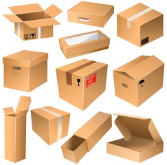Various open and closed shipping cardboard boxes