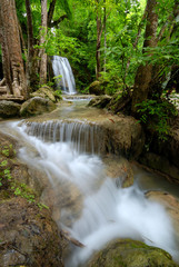 Fototapeta na wymiar Beautiful waterfall in green forest shoot by slow shutter speed to make the water look softer, Erawan Waterfall, Kanchanaburi Province in Thailand