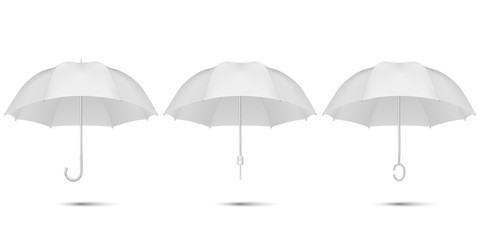 Fototapeta na wymiar Vector 3d Realistic Render White Blank Umbrella Icon Set Closeup Isolated on White Background. Design Template of Opened Parasols for Mock-up, Branding, Advertise etc. Top and Front View