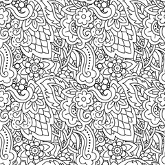 Vector hand drawn line seamless illustration of abstract colored flower and leaves