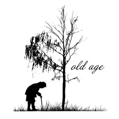 Old woman near the old tree. Vector illustration