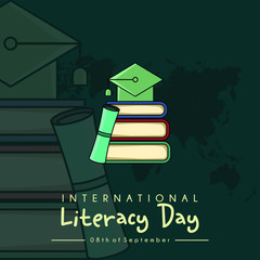 International Literacy Day vector design with a hat on a pile of books