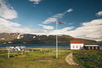 Icelandic wooden house in the ferry port hesteyri hornstrandir nature reserve westfjords iceland