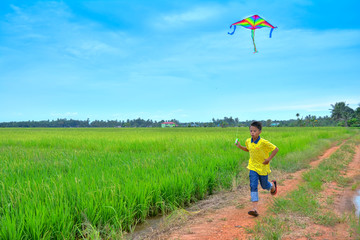 Two friends playing with kite at paddy field in the evening