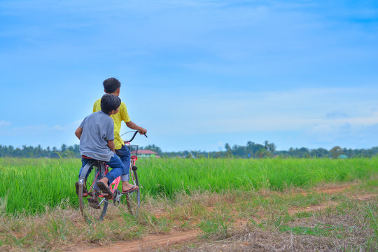 happy young local boy riding old bicycle at paddy field