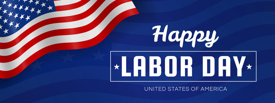 happy labor day horizontal  banner with waving american flag
