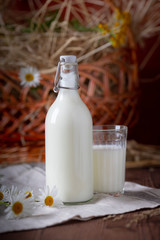 Glass and bottle with fresh milk, eco-friendly.