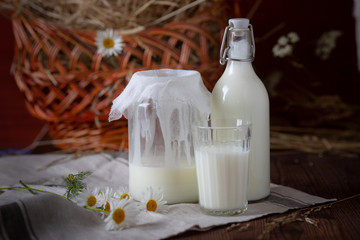 Glass and bottle with fresh milk, eco-friendly.