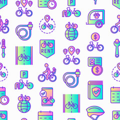 Bike rental seamless pattern with thin line icons: rates, bicycle tours, pet trailer, padlock, helmet, child seat, sharing, pointer, deposit, mobile app, cycling route. Modern vector illustration.