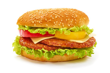Fresh tasty burger, american hamburger, fastfood, isolated on white background