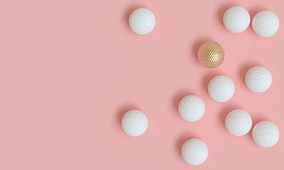 gold golf ball among many white, 3d image render in flat lay style.