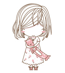 Cute young girl or women in pink pajamas dress holding cat pillow with smile emotions. Vector illustration in simple flat style isolated on white background. Character design.Can be used for t-shirt