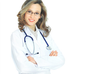 Attractive woman doctor. Isolated on a white background.