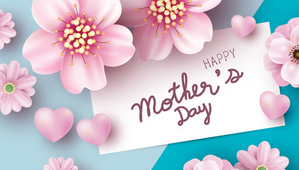 Mother's day card design of pink flowers on color paper background vector illustration