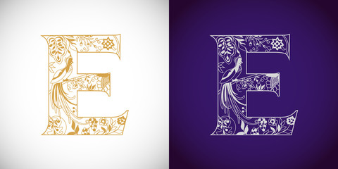 E logotype. Cutting golden logo. E-name idea. Concept of capital letter E in ethnical vip style. Isolated abstract graphic design template. Decorative herbal symbol, royal fairy bird. Brand identity.