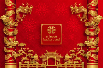 Chinese traditional and asian elements background template on paper color Background. - obrazy, fototapety, plakaty