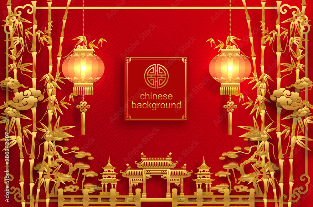Wall mural chinese traditional and asian elements background template on paper color background. - Wall murals