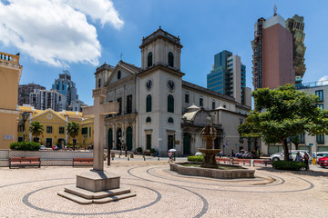 Panorama with Cathedral and Cross Monument of historical center Square Largo da Sé. Sé, Macao, China, Asia.