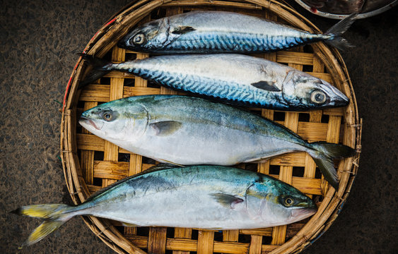 Fresh fish in a basket at a fish market, Vietnam, Southeast Asia