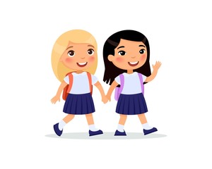 Schoolgirls going to school flat vector illustration. Couple pupils in uniform holding hands isolated cartoon characters. Two happy elementary school students with backpacks waving hand and greeting